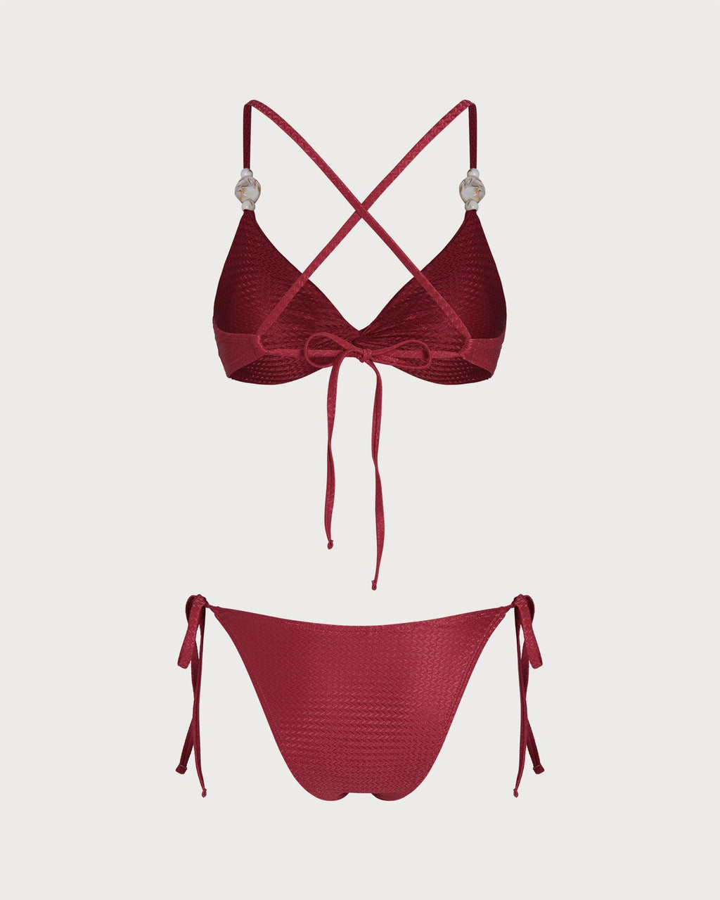 Red V Neck Triangle Drawstring Bikini Set