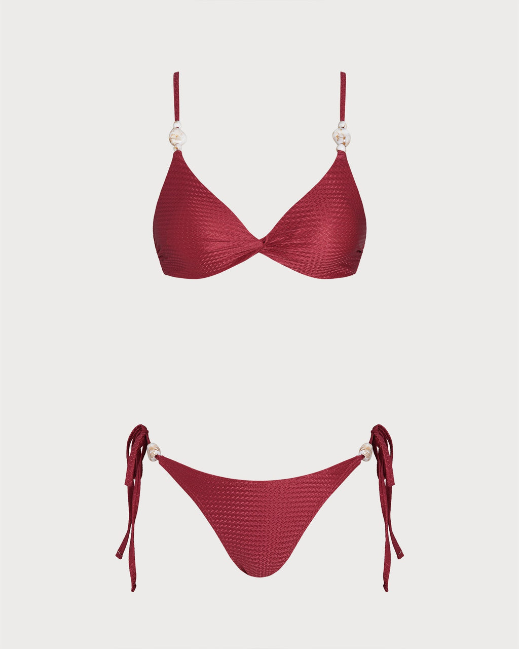 Red V Neck Triangle Drawstring Bikini Set
