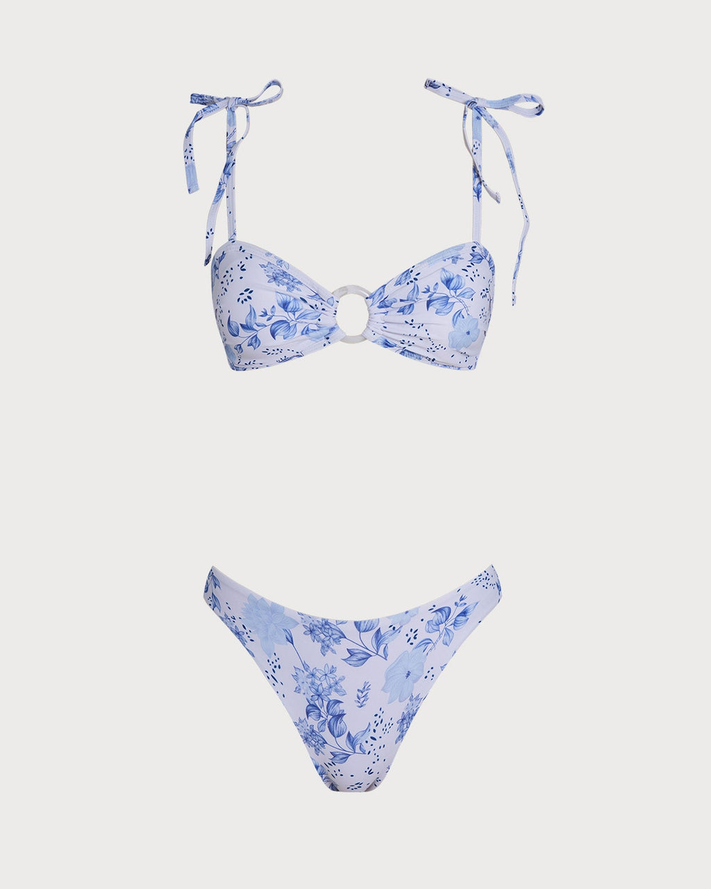 White Floral Tie Strap Triangle Bikini Set