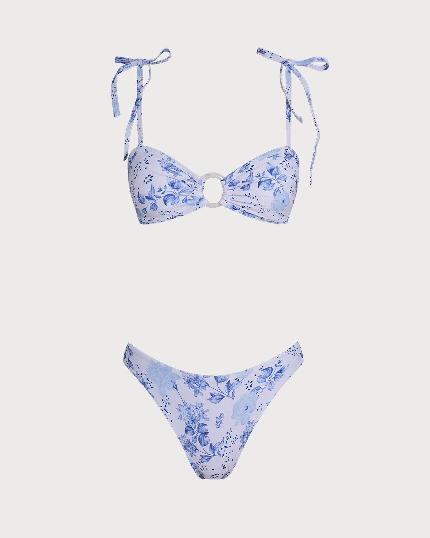 White Floral Tie Strap Triangle Bikini Set