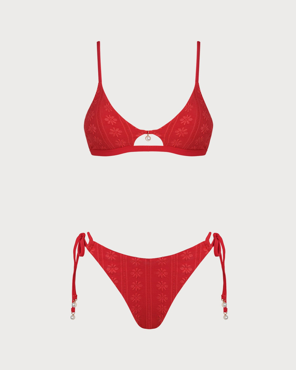 Red U Neck Textured Bikini Set