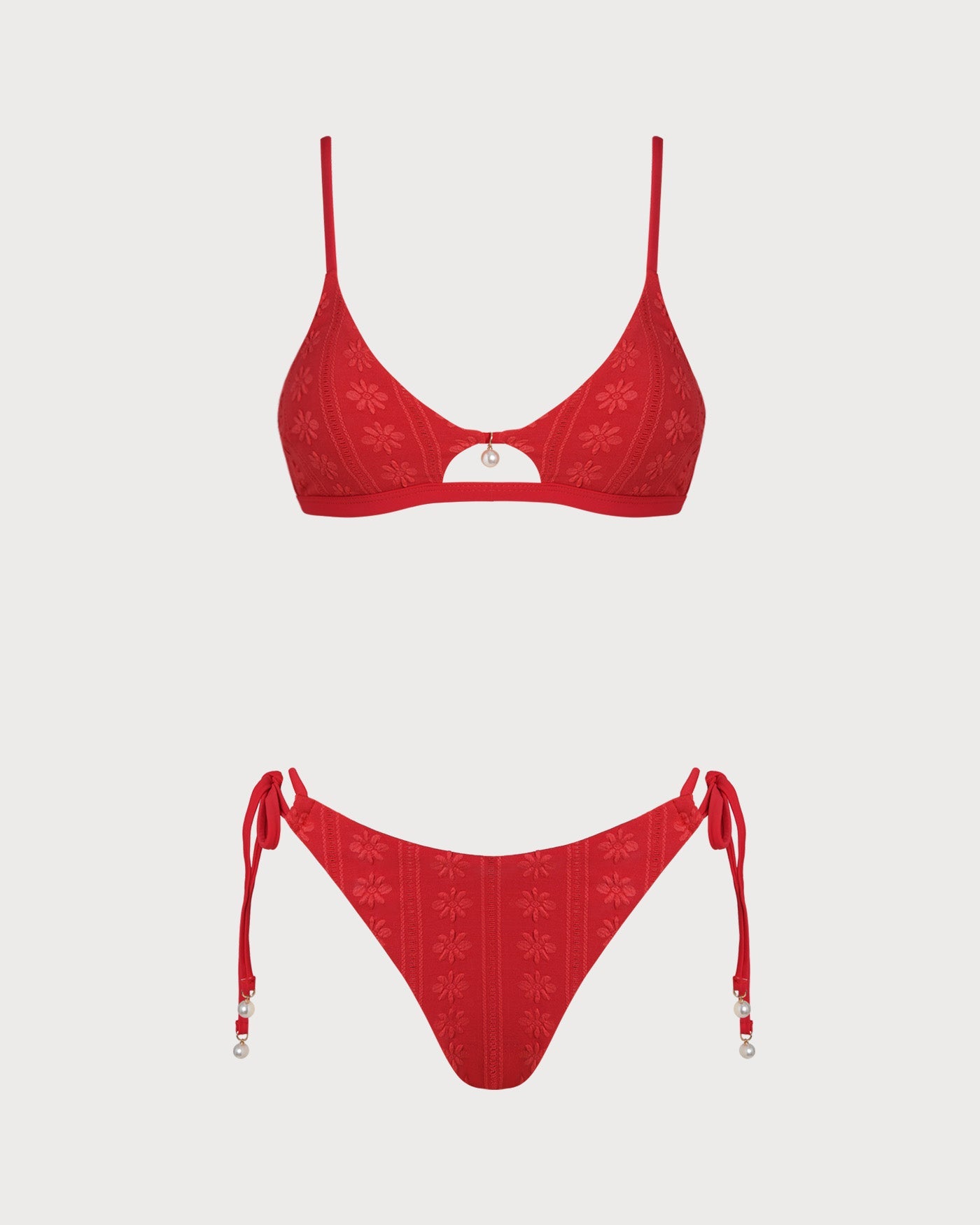 Red U Neck Textured Bikini Set