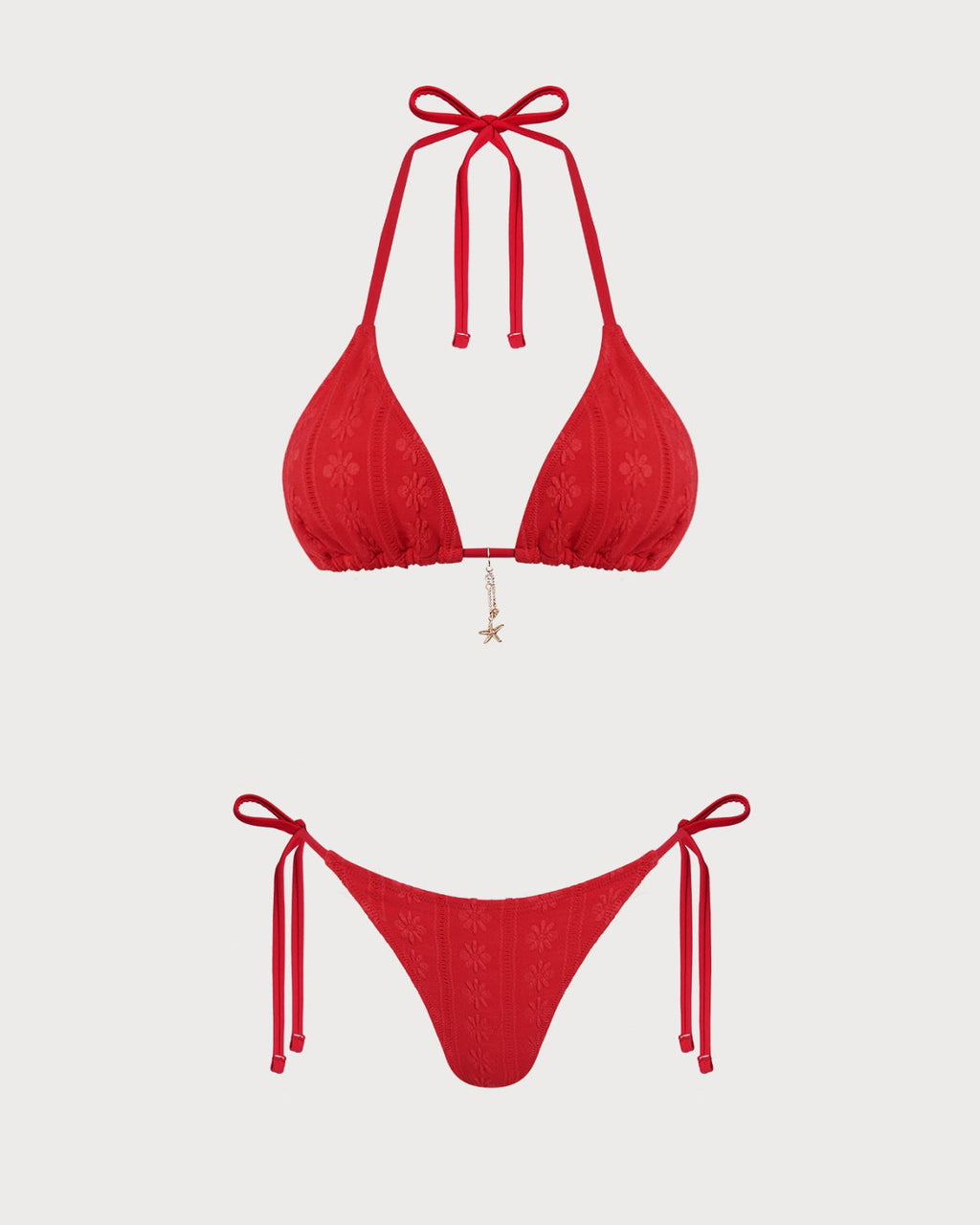 Red Jacquard Halter Drawstring Bikini Set