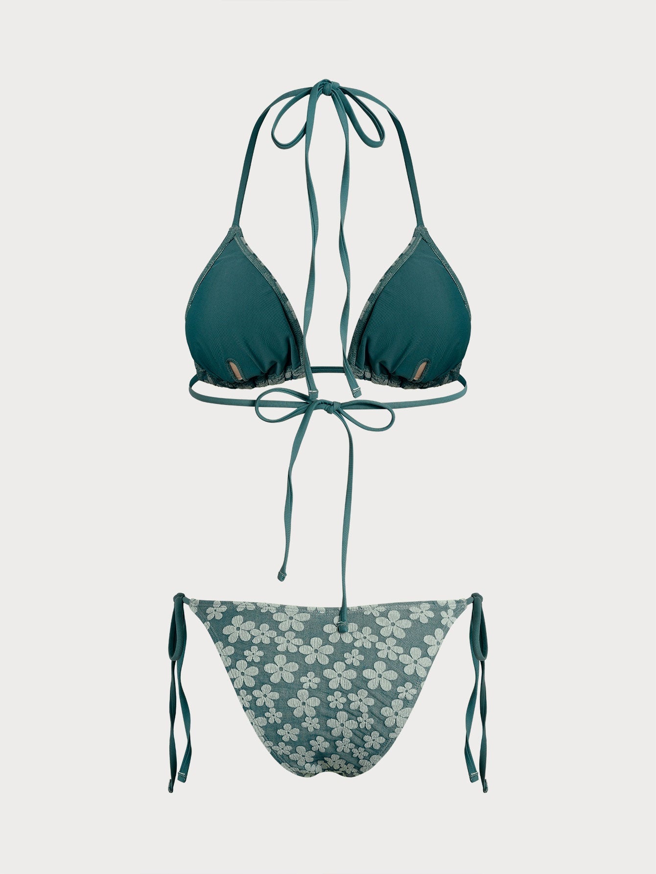 Green Floral Halter Drawstring Bikini Sets