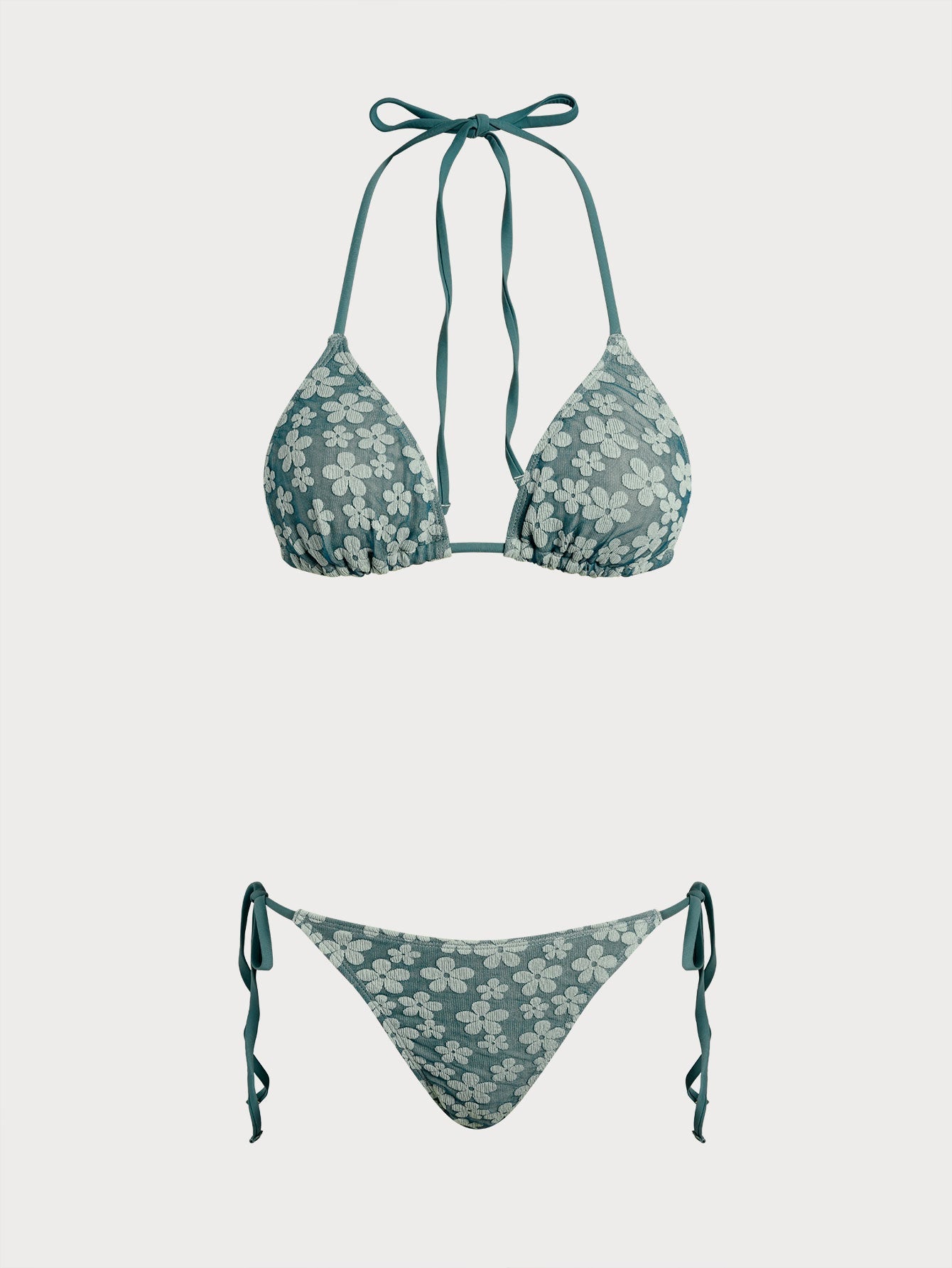 Green Floral Halter Drawstring Bikini Sets