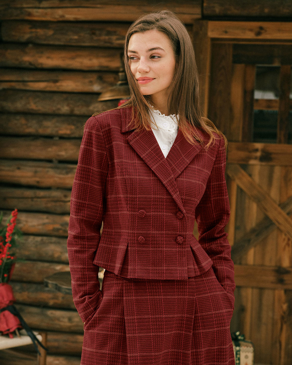 Red Plaid Double Breasted Jacket