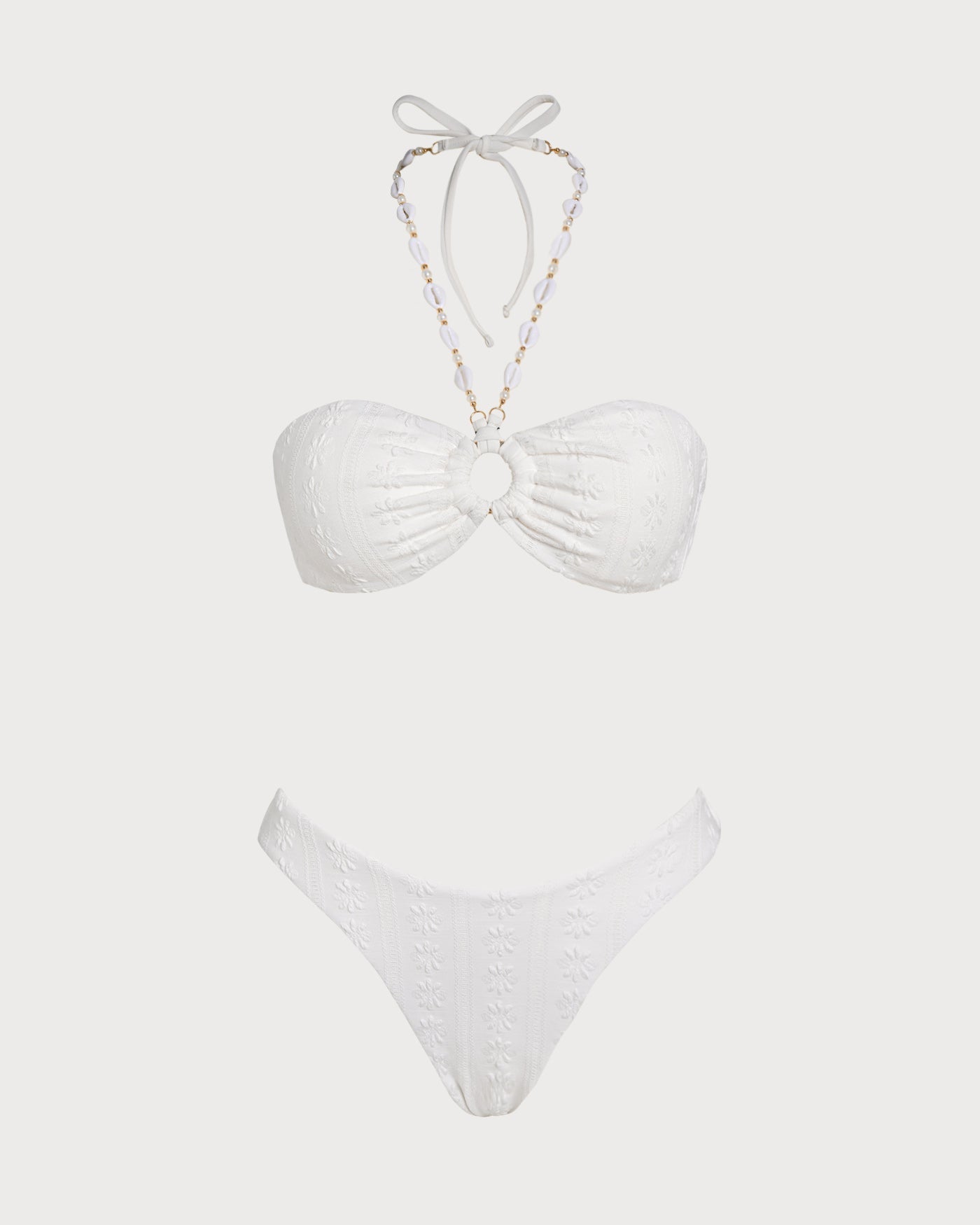 White Halter Jacquard Bandeau Bikini Set