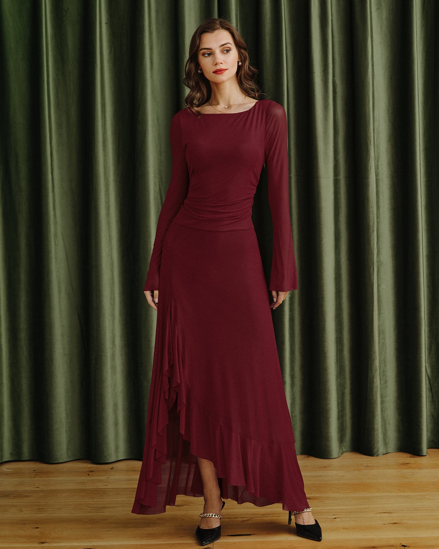 Red Boat Neck Maxi Dress