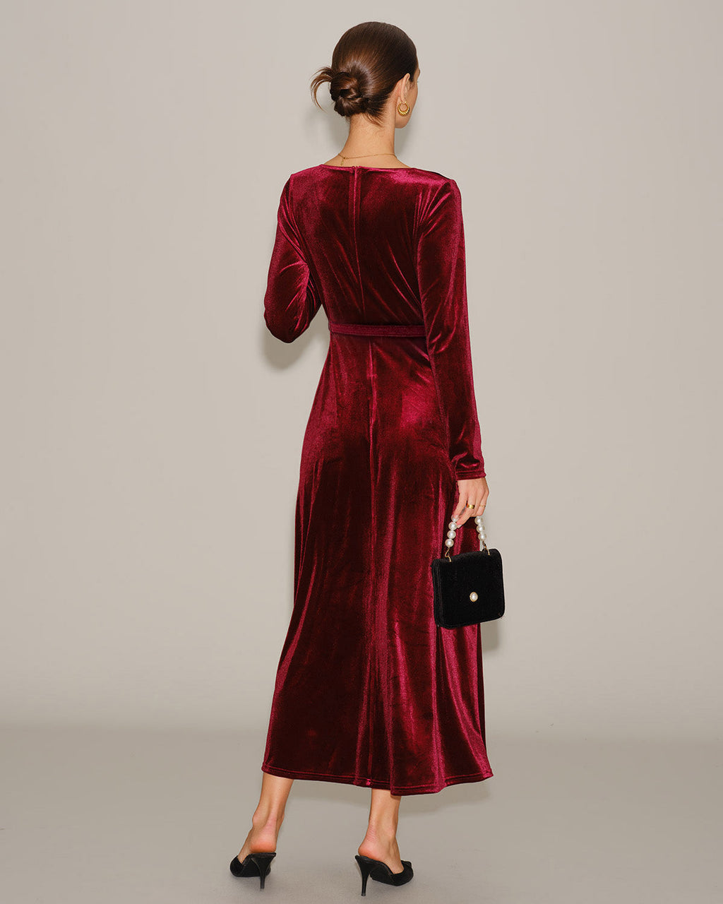 Wine Red Velour V Neck Maxi Dress