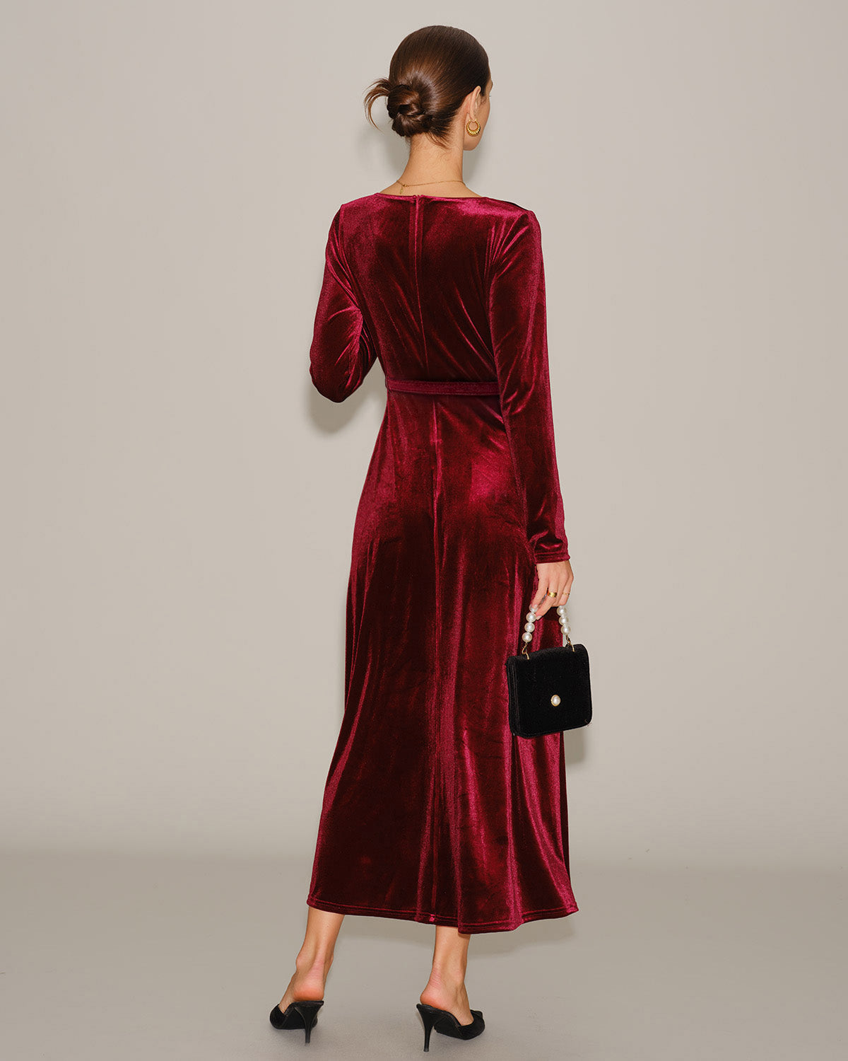 Wine Red Velour V Neck Maxi Dress