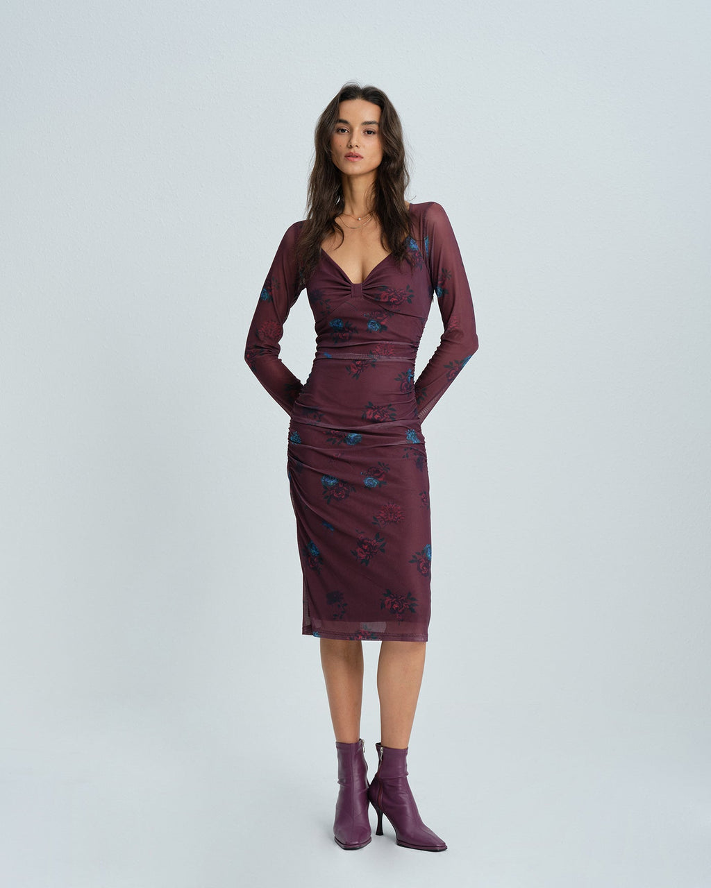 Purple V Neck Floral Midi Dress