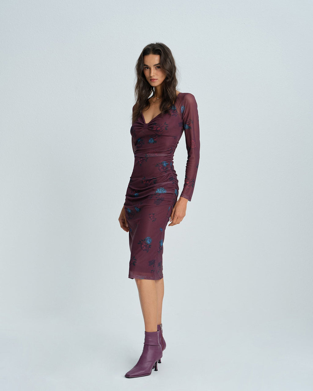 Purple V Neck Floral Midi Dress