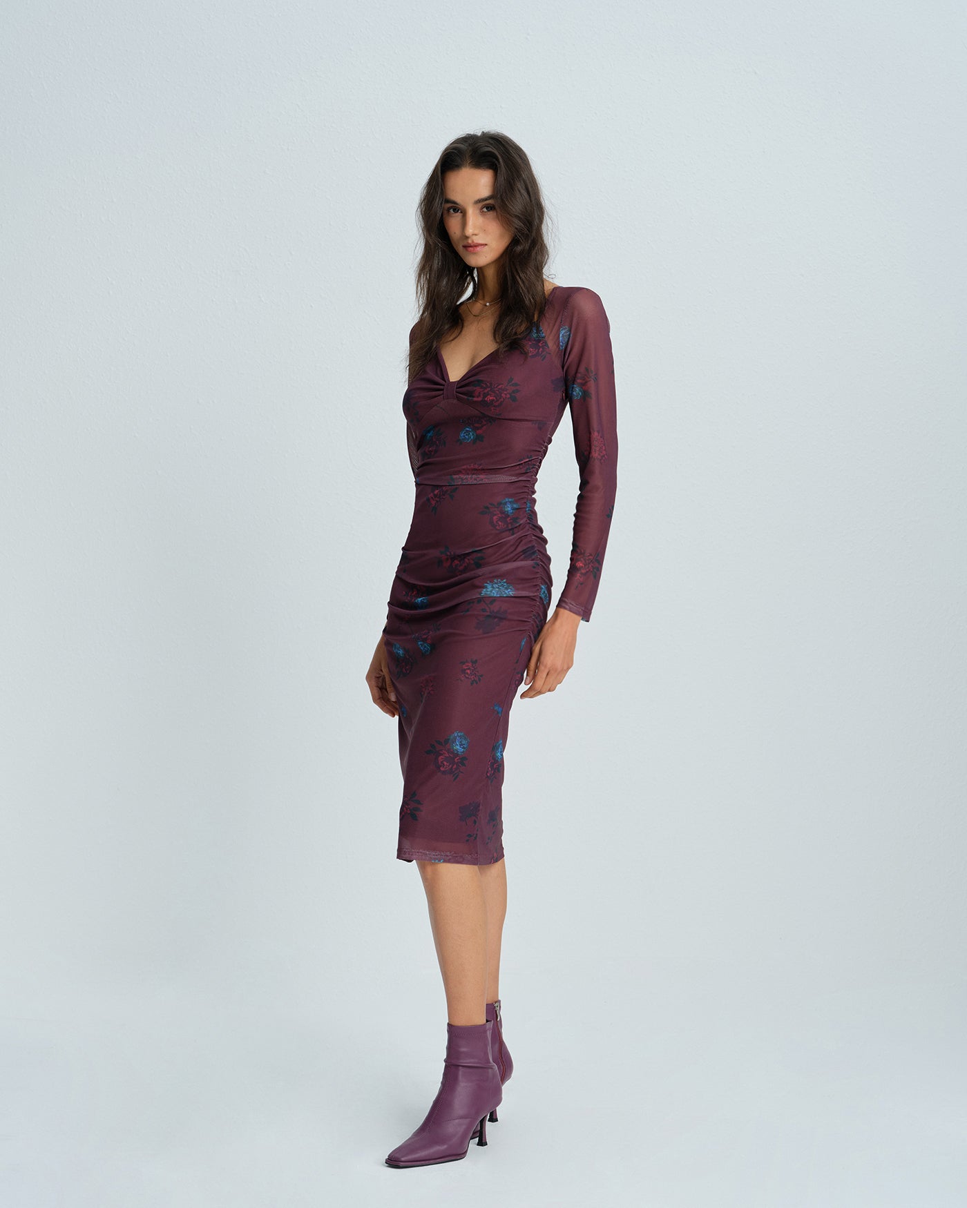 Purple V Neck Floral Midi Dress