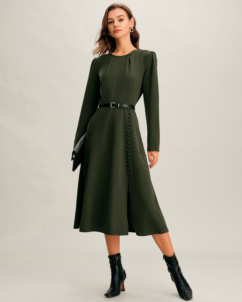 Green Ruched A-Line Slit Midi Dress