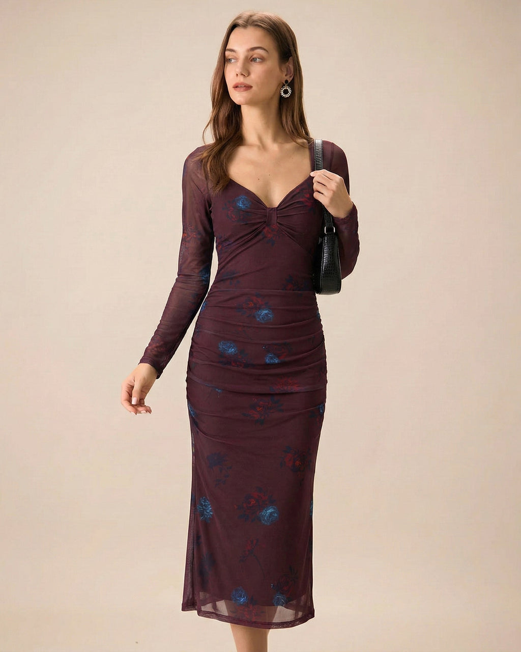 Purple V Neck Floral Midi Dress