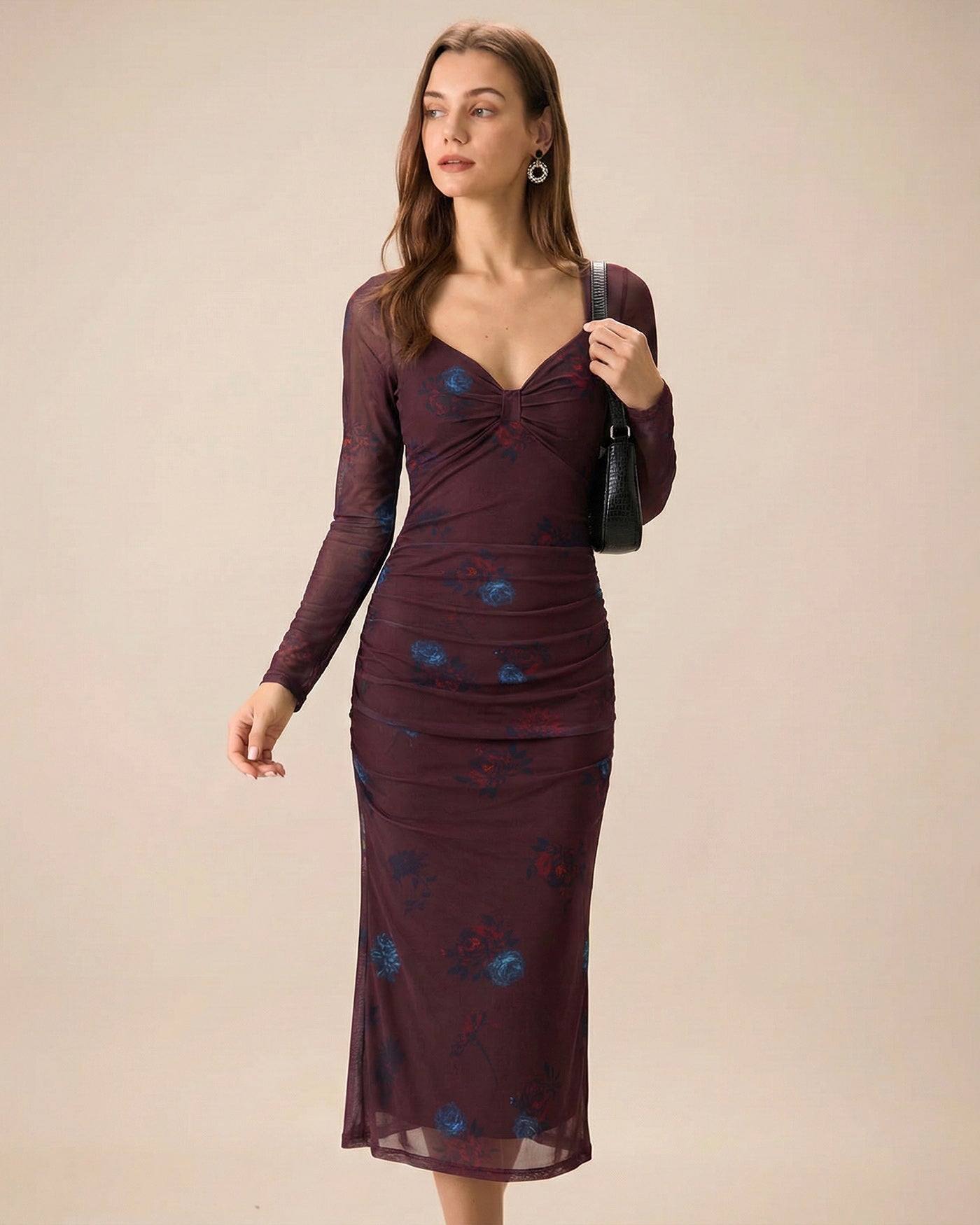 Purple V Neck Floral Midi Dress
