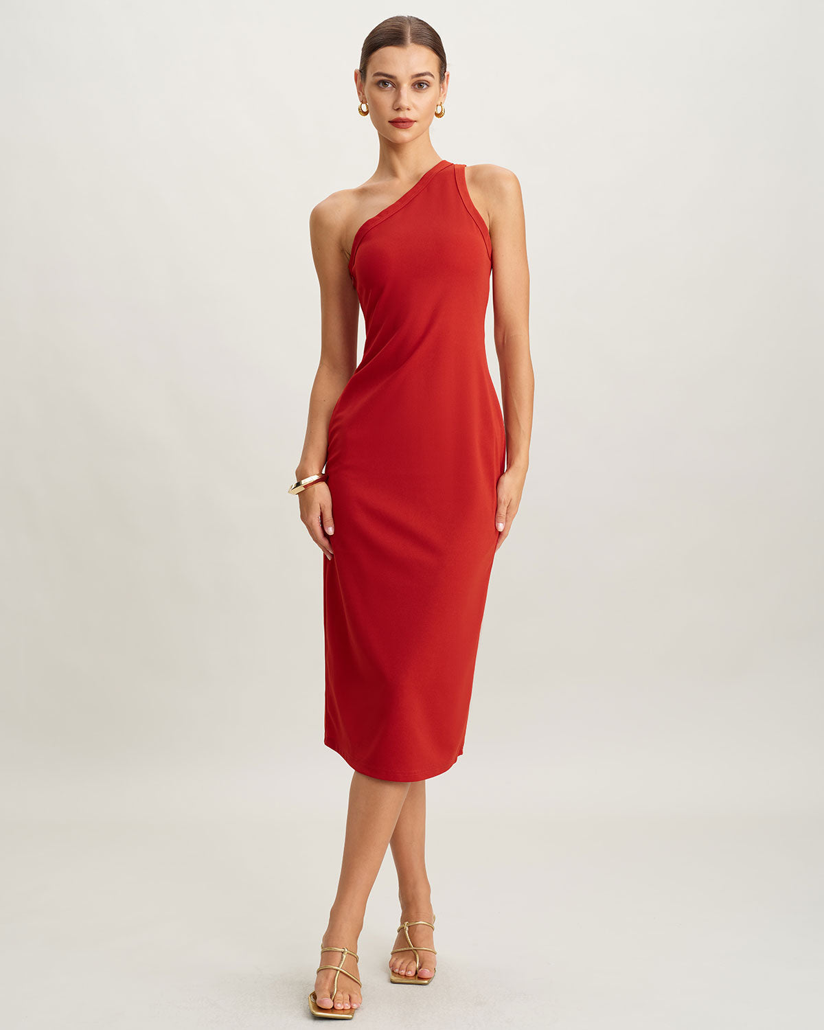 Red Knit One shoulder Midi Dress