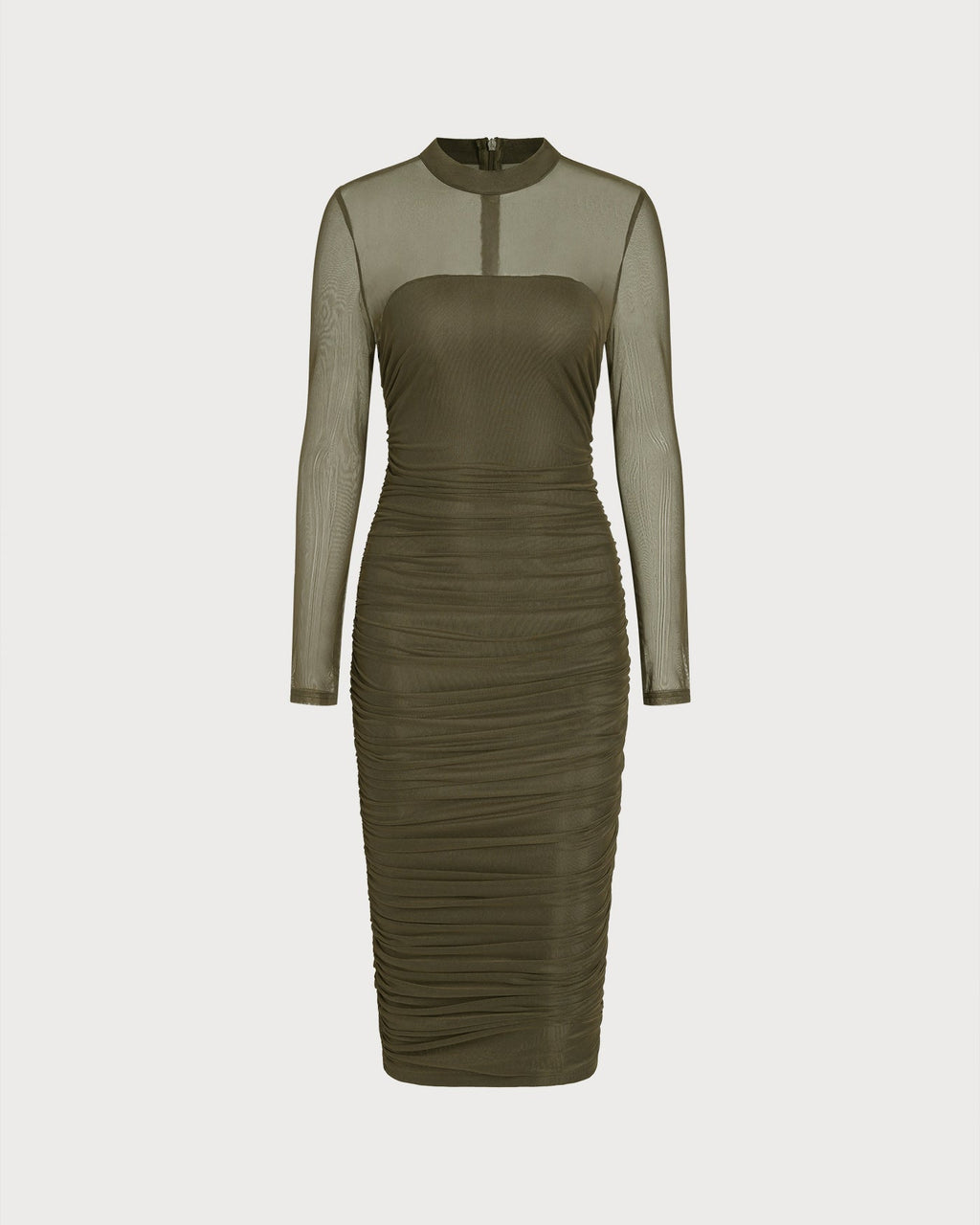 Green Mock Neck Ruched Midi Dress