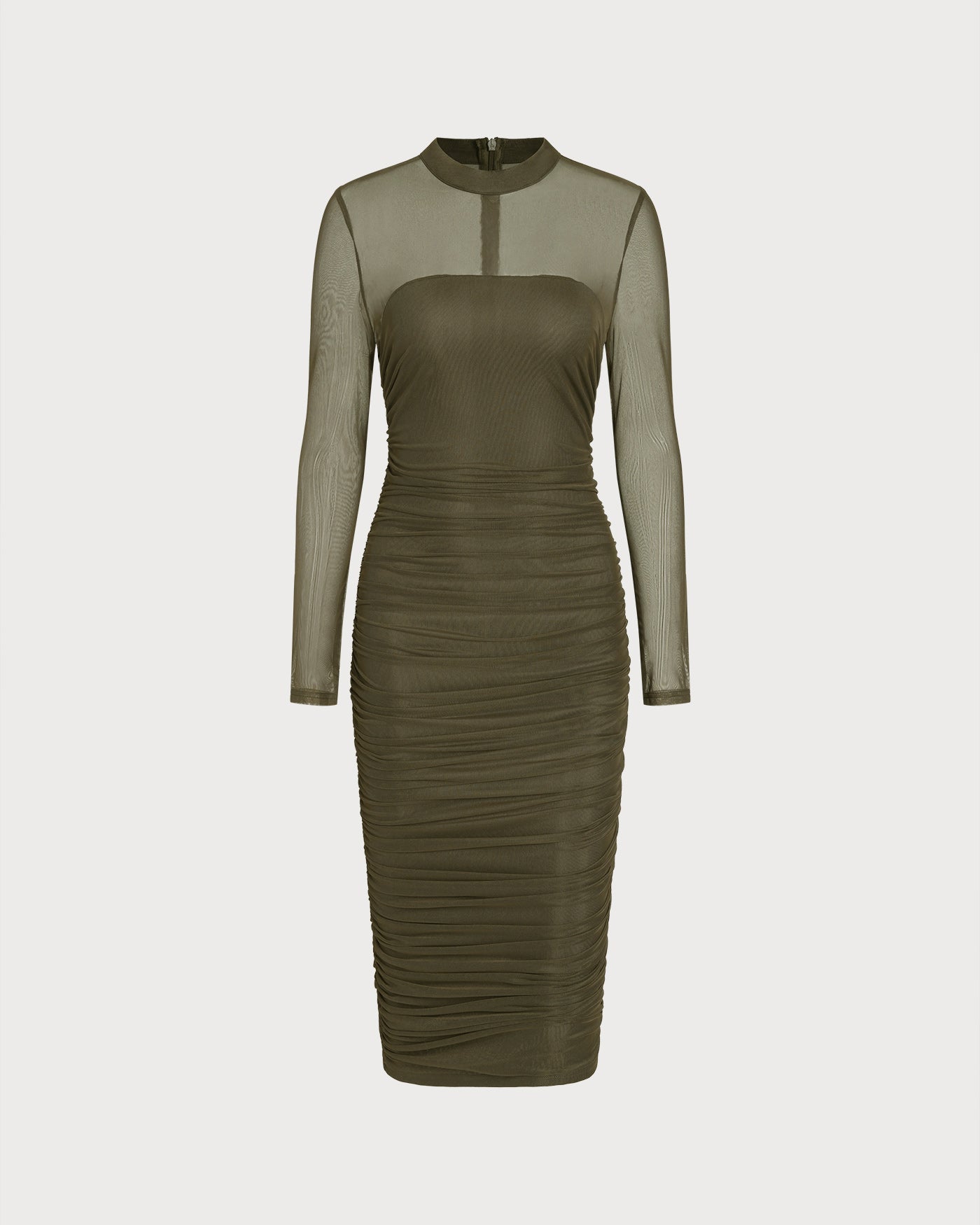Green Mock Neck Ruched Midi Dress