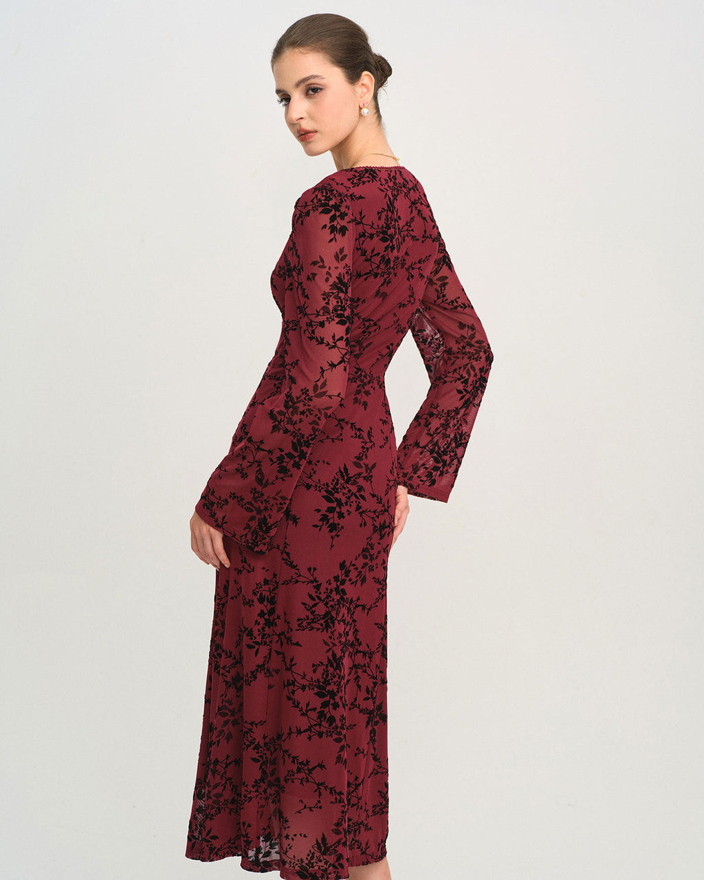 Red Floral V Neck Bell Sleeve Midi Dress