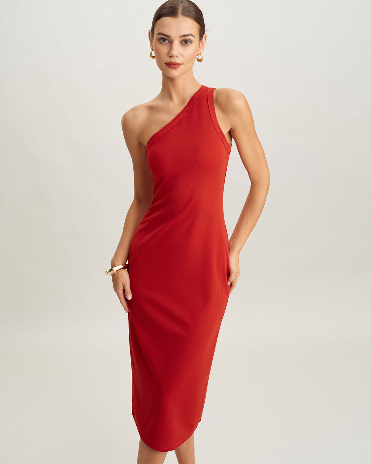 Red Knit One shoulder Midi Dress