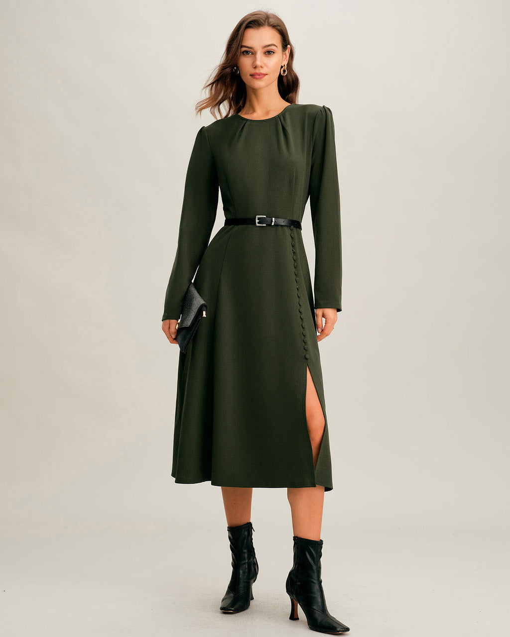 Green Ruched A-Line Slit Midi Dress