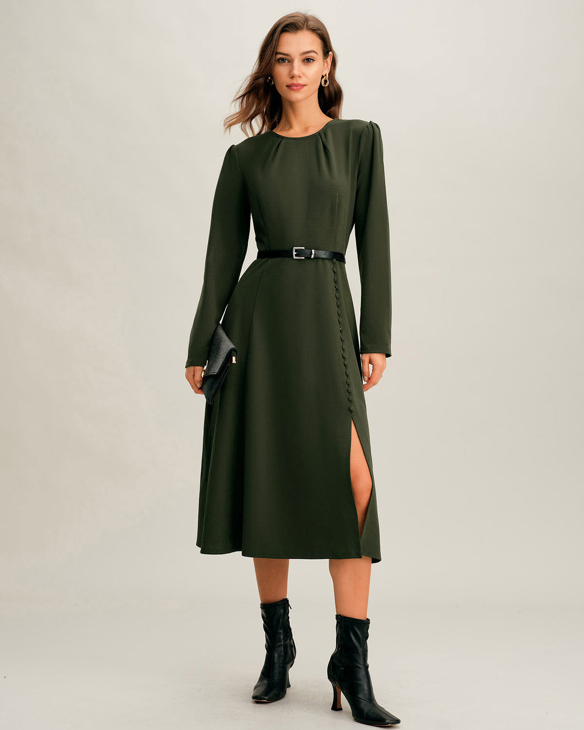 Green Ruched A-Line Slit Midi Dress
