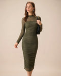 Green Mock Neck Ruched Midi Dress