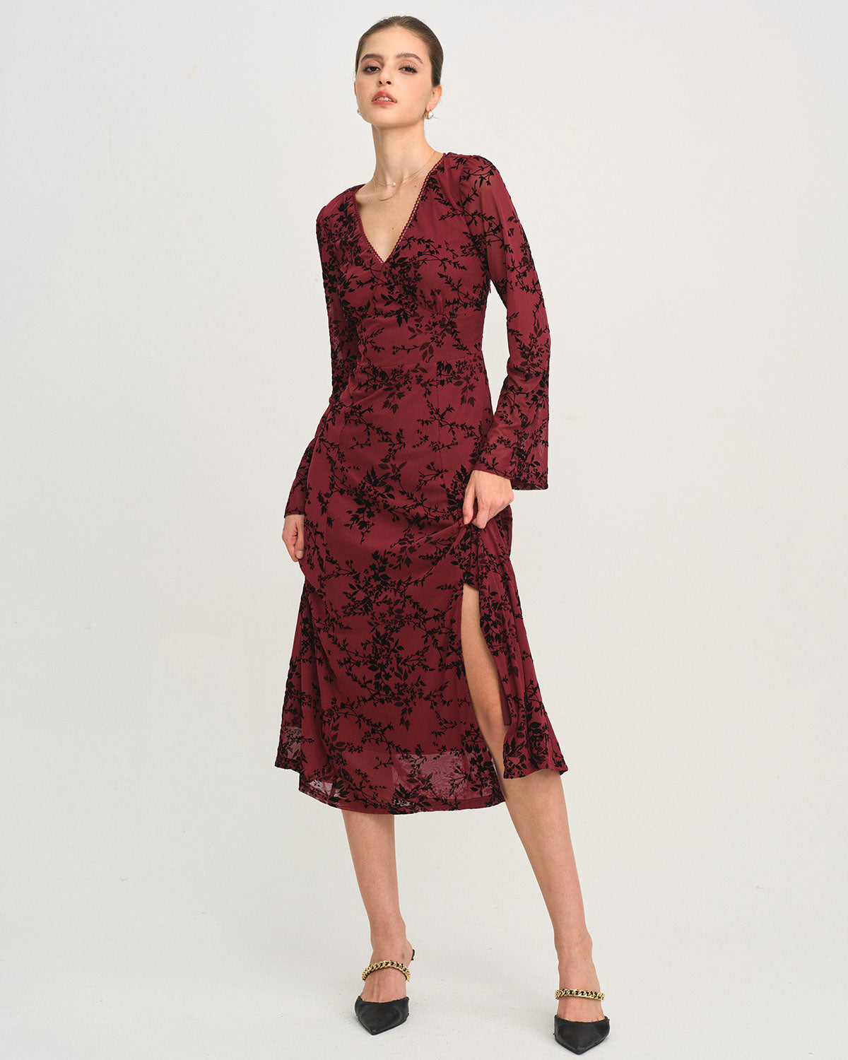 Red Floral V Neck Bell Sleeve Midi Dress