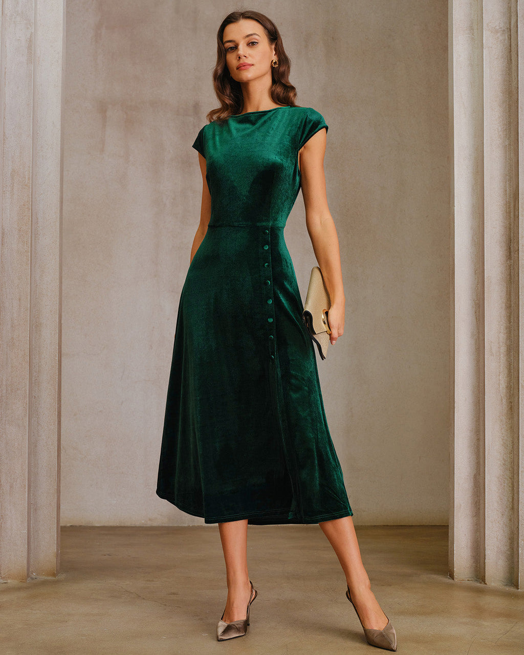 Green Velour A-Line Midi Dress