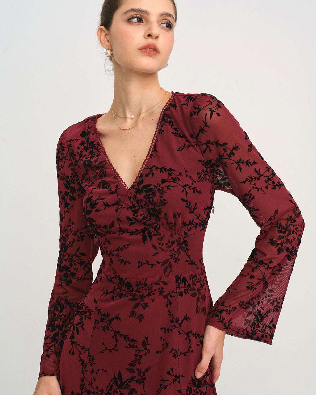 Red Floral V Neck Bell Sleeve Midi Dress