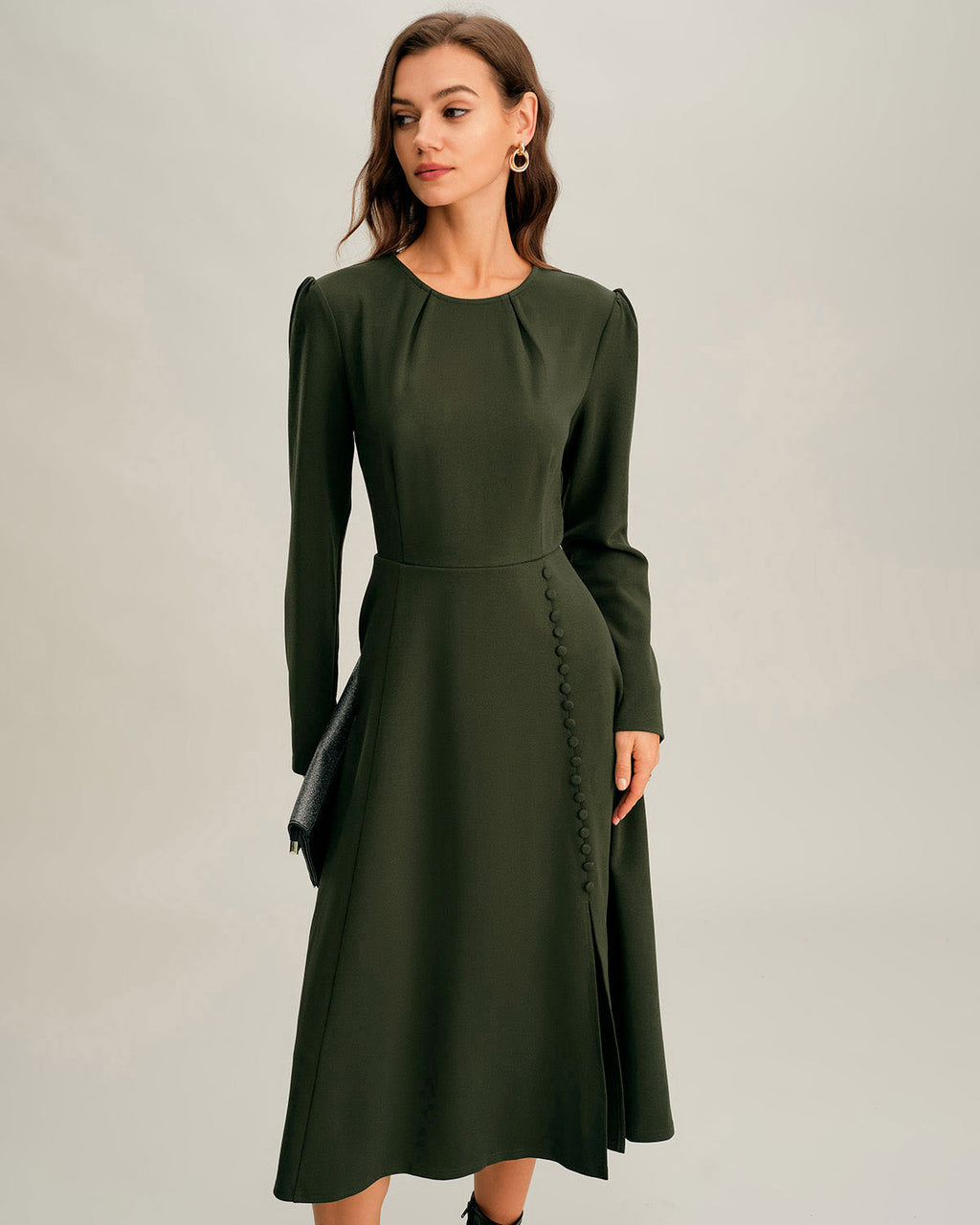 Green Ruched A-Line Slit Midi Dress