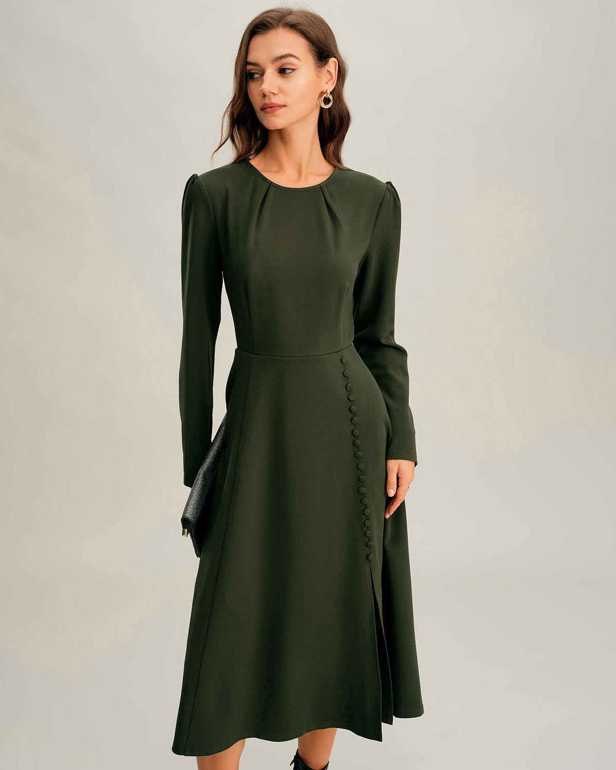 Green Ruched A-Line Slit Midi Dress