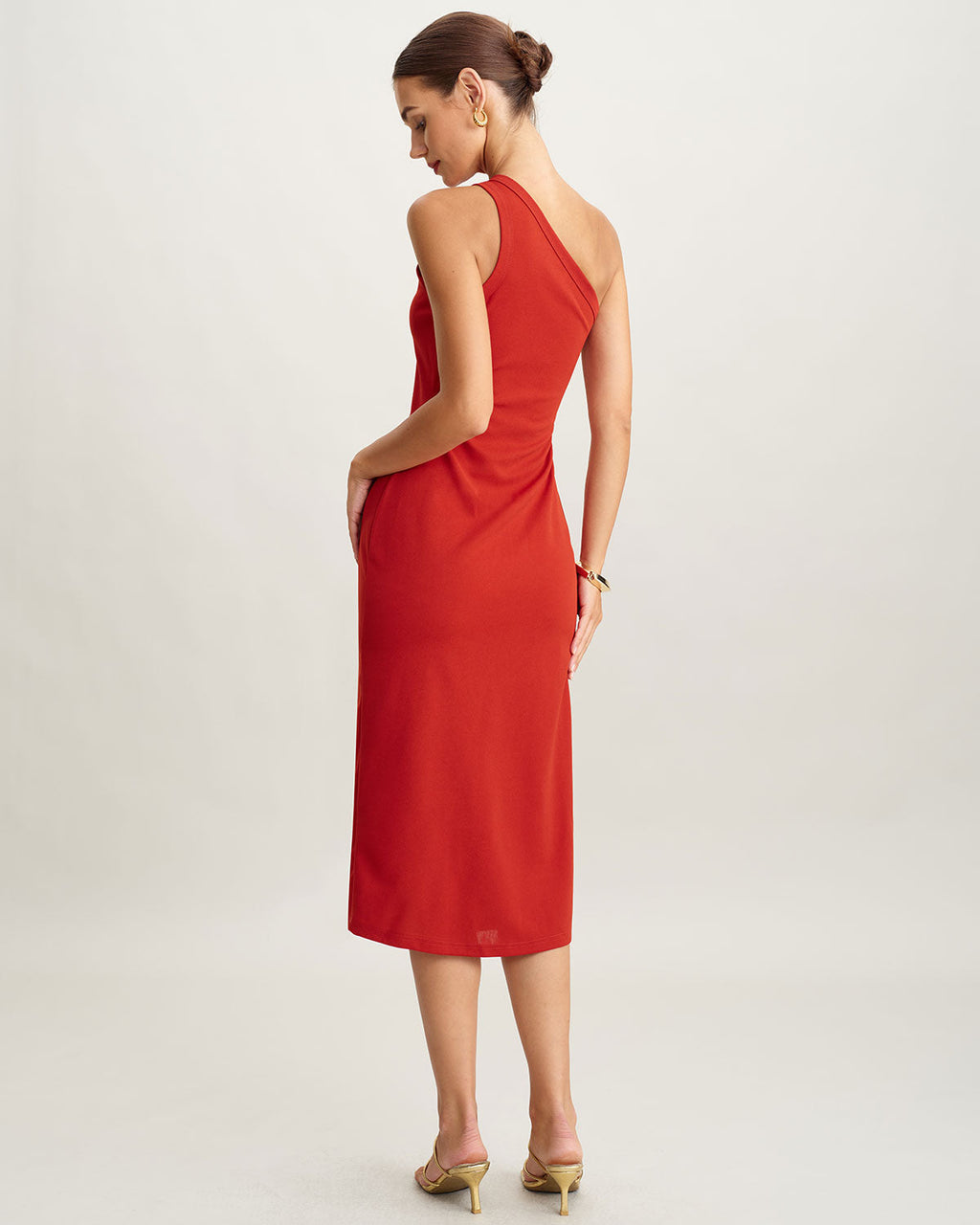 Red Knit One shoulder Midi Dress