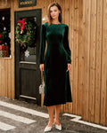 Green Velour Boat Neck Ruched Midi Dress
