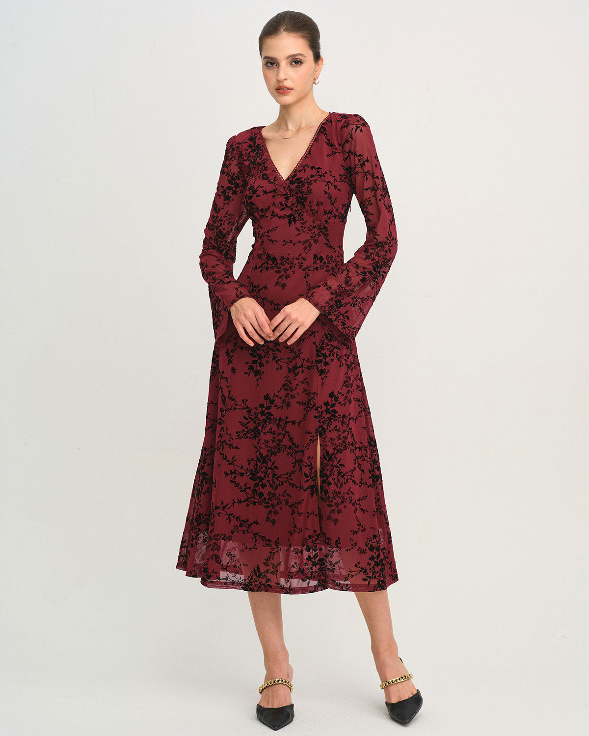 Red Floral V Neck Bell Sleeve Midi Dress