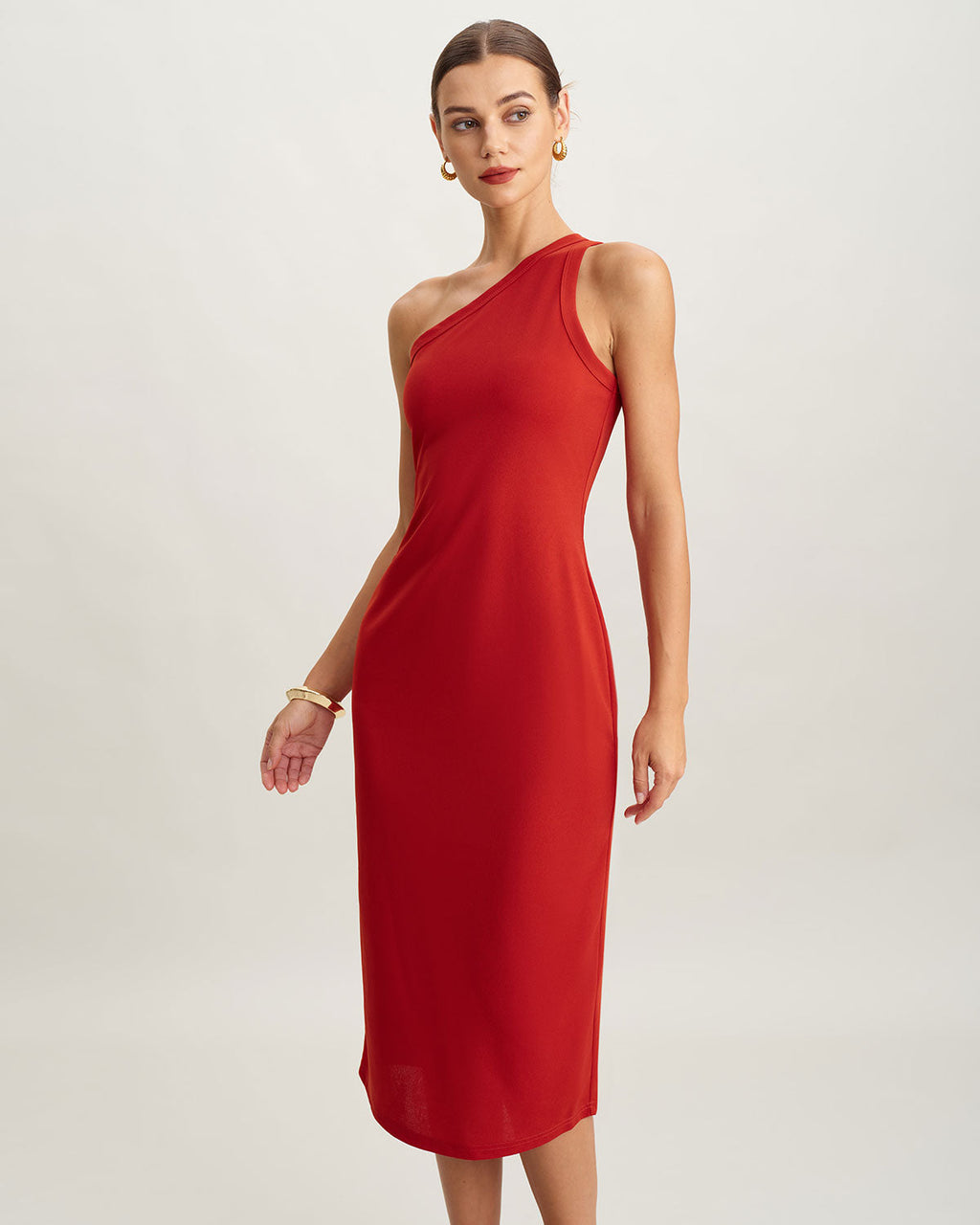 Red Knit One shoulder Midi Dress
