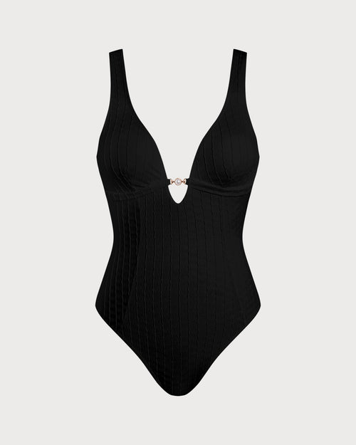 Black V Neck Cut Out One Piece