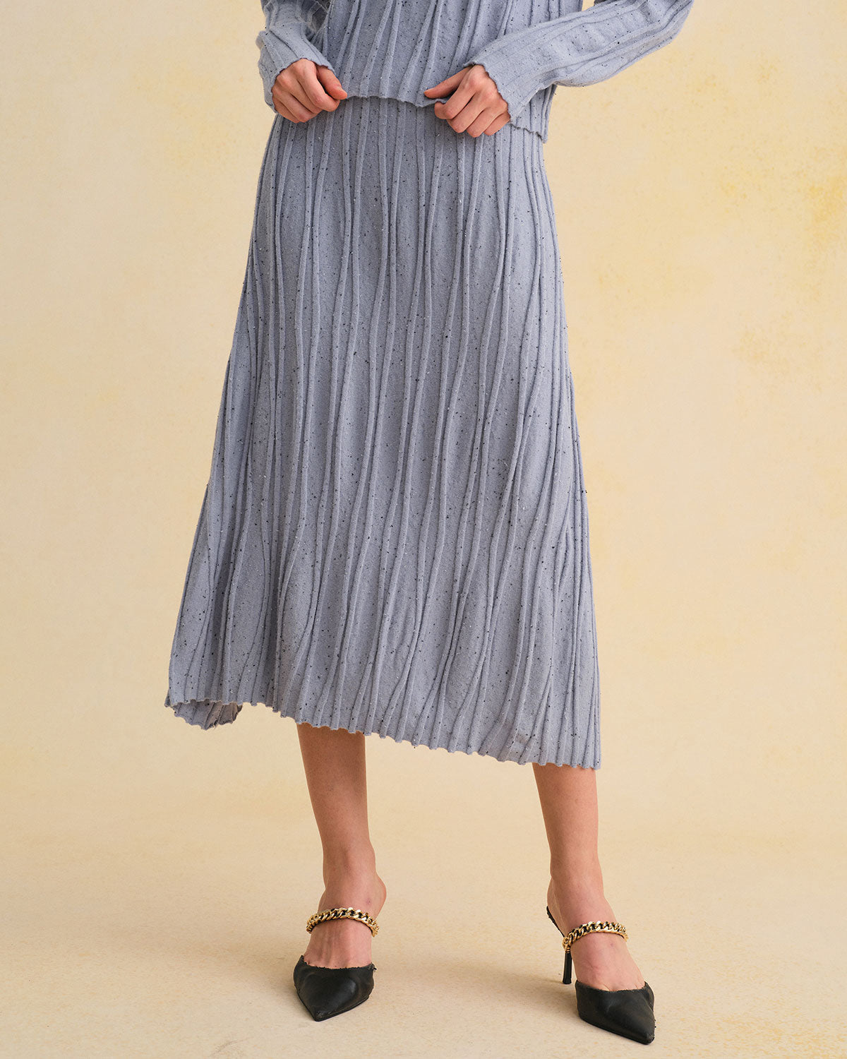 Blue Elastic Waist A-Line Midi Skirt