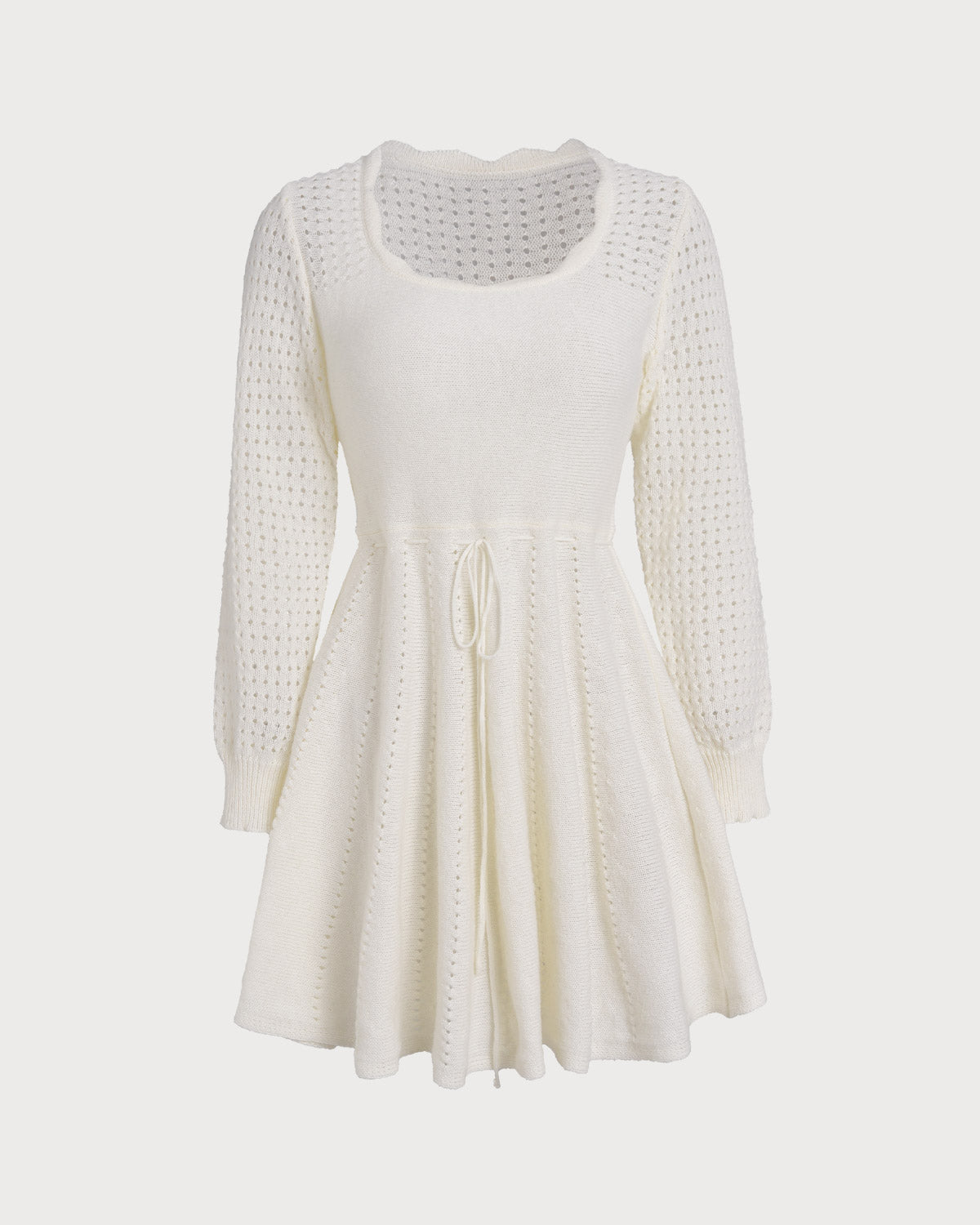 White Scalloped A-Line Sweater Dress