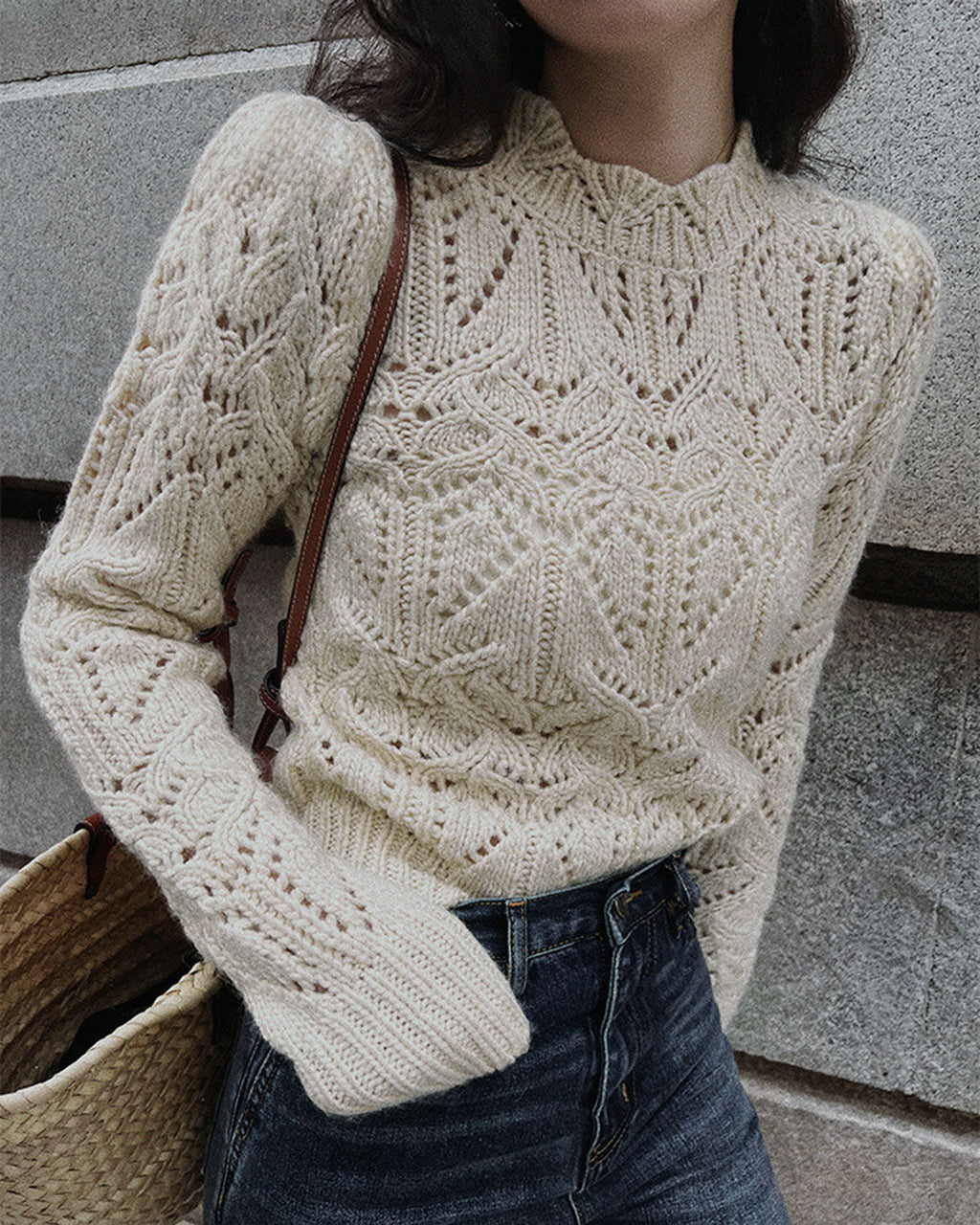 Off White Round Neck Cut Out Sweater
