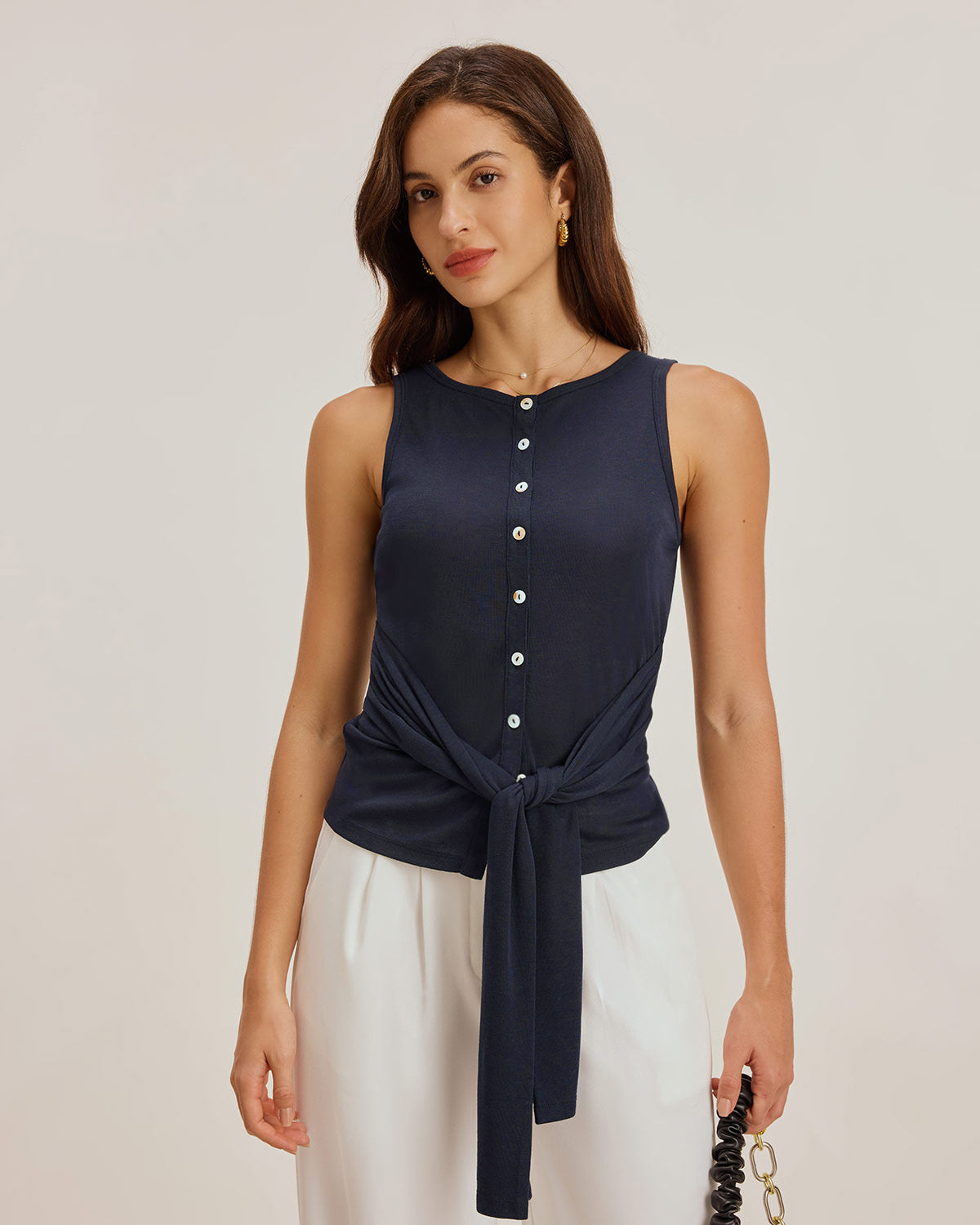 Blue Round Neck Button Tank Top