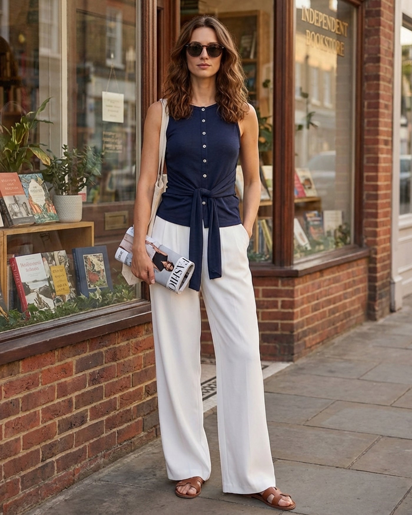 Blue Round Neck Button Tank Top
