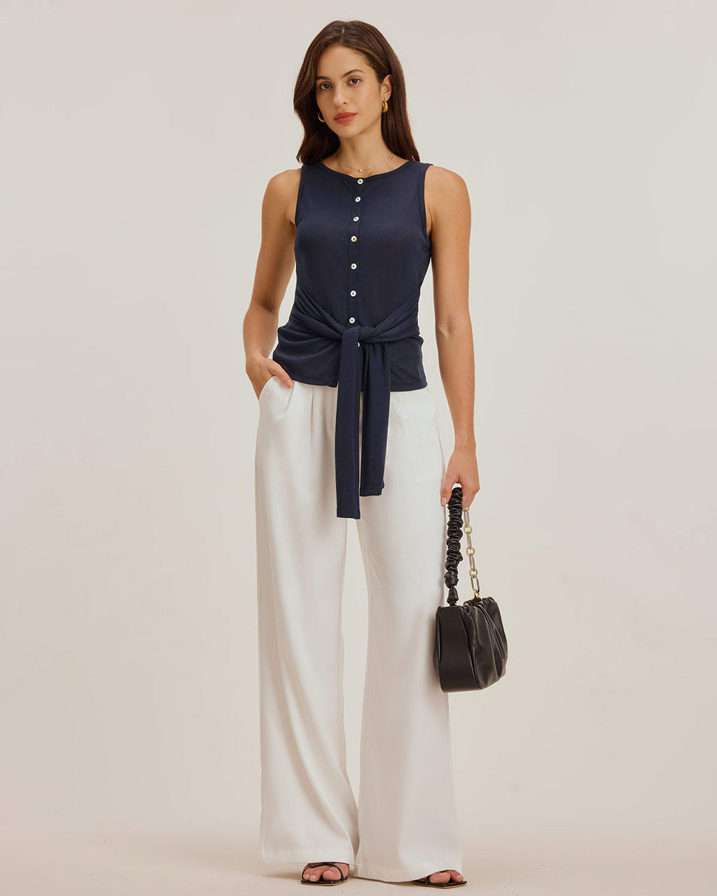 Blue Round Neck Button Tank Top