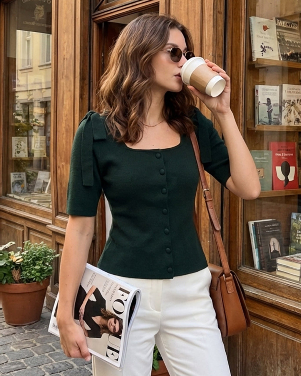 Green Square Neck Bowknot Knit Cardigan