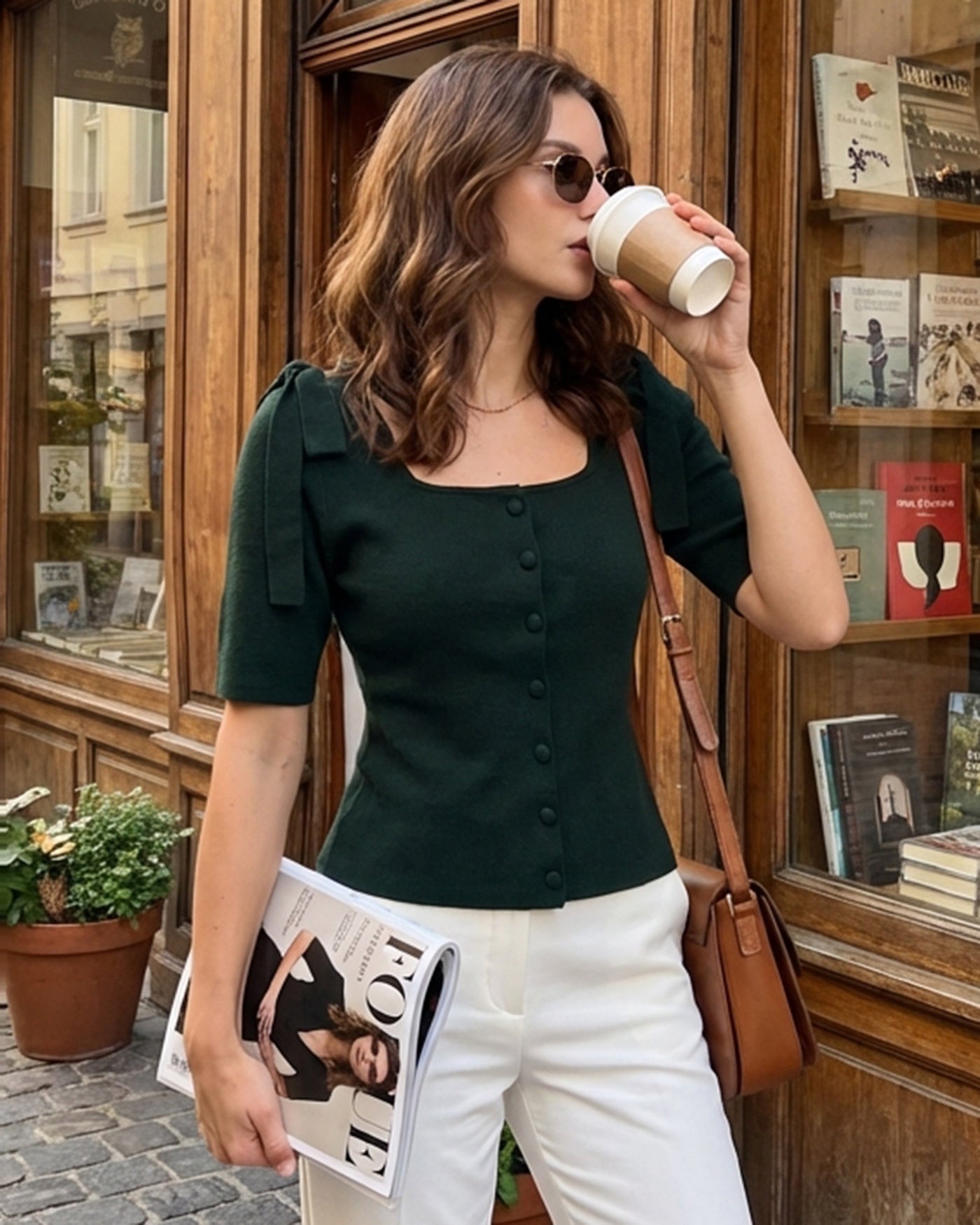 Green Square Neck Bowknot Knit Cardigan