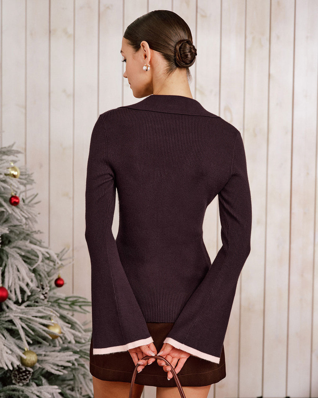 Purple Contrasting Bell Sleeve Knit Cardigan