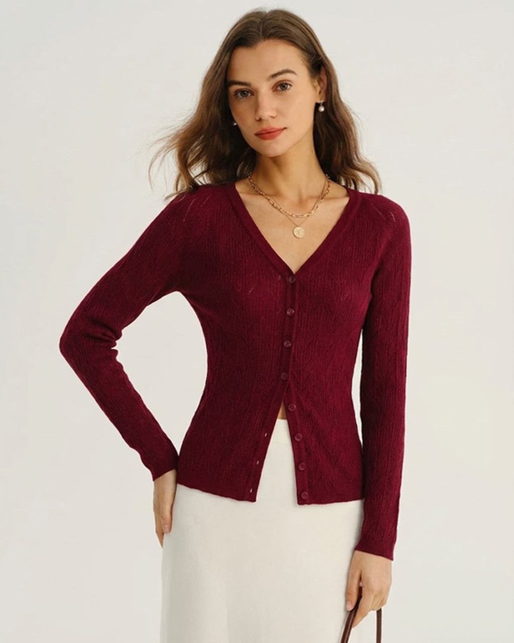 Wine Red V Neck Viscose Knit Cardigan
