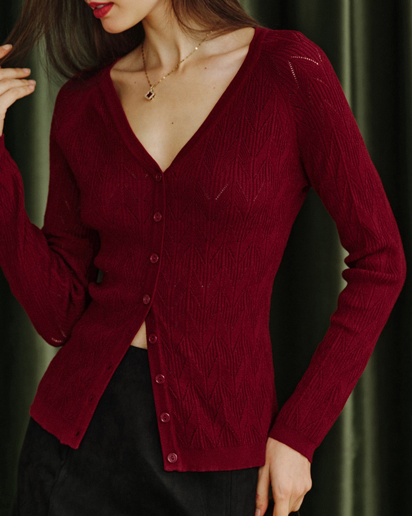 Wine Red V Neck Viscose Knit Cardigan
