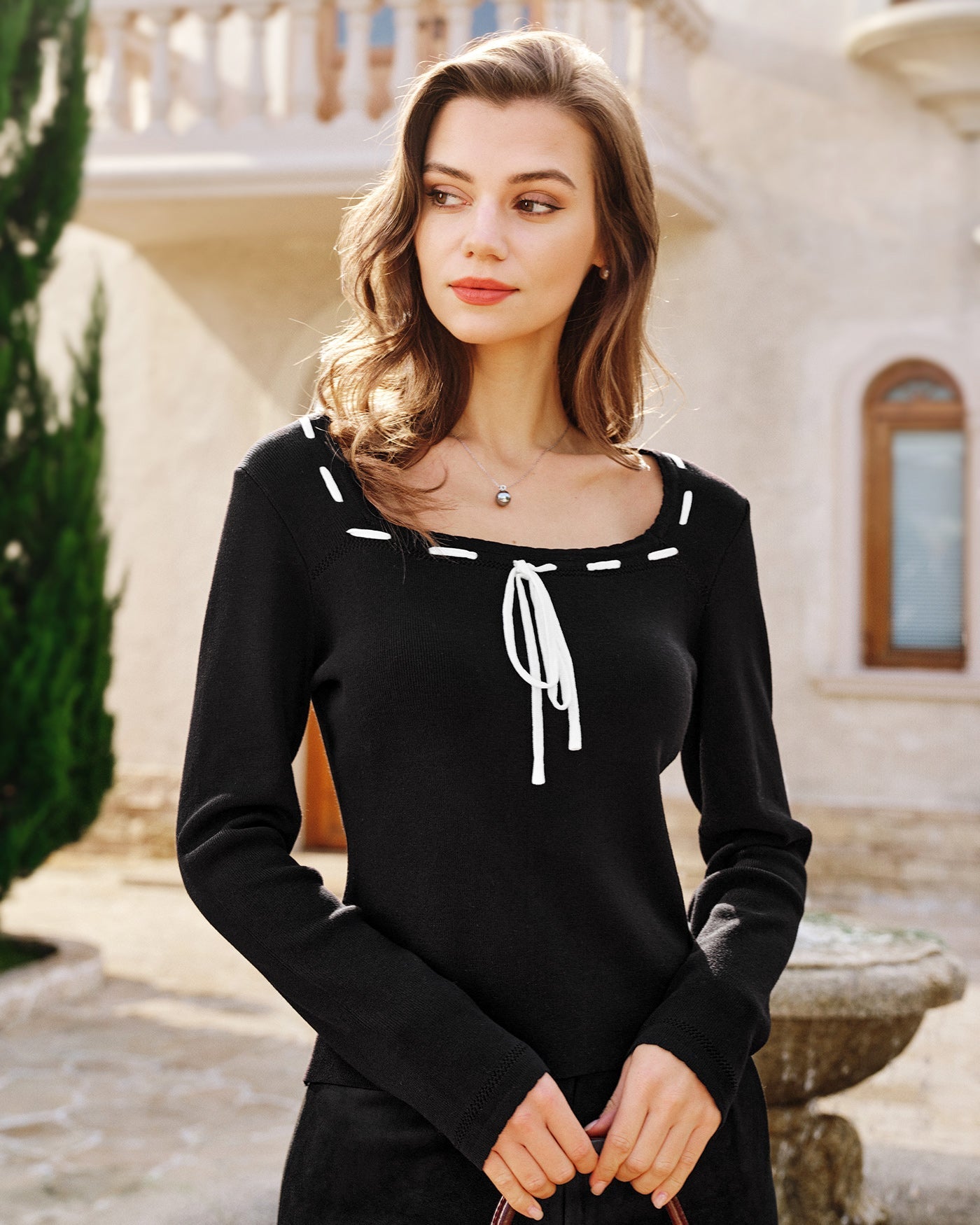 Black Square Neck Viscose Knit Top